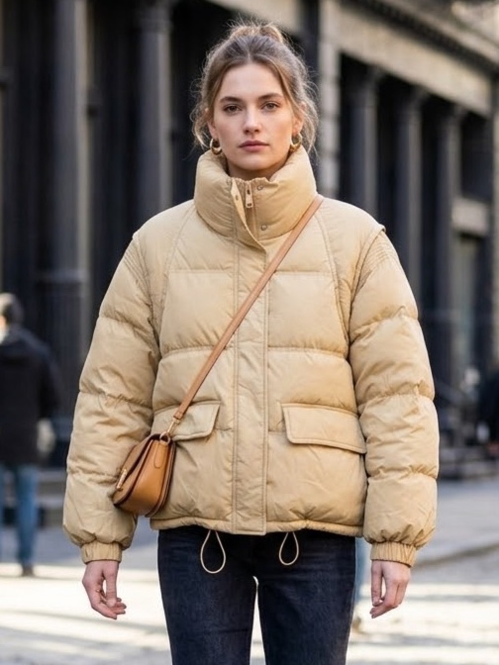 Women's Beige Duck Down Puffer Jacket - Warm Casual Short Coat